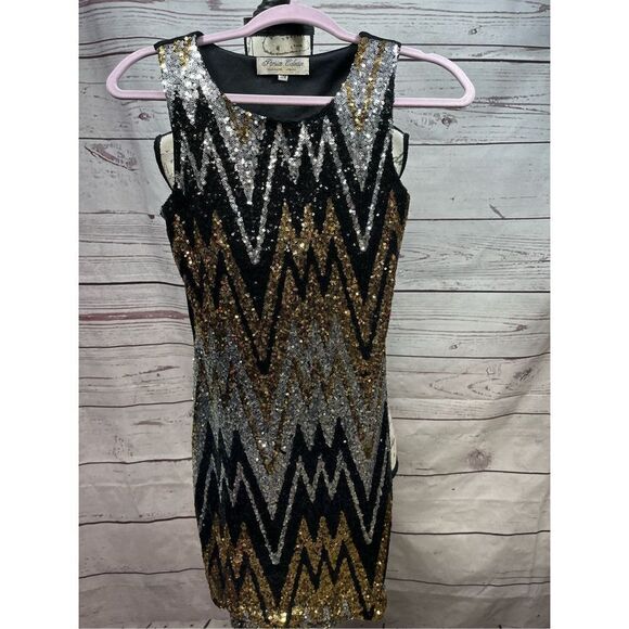 Parisian Collection Sequin Dress S/M Sleeveless Black Gold Silver Zigzag Party - Picture 1 of 5